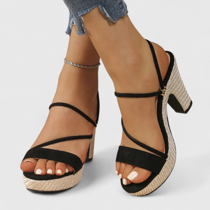 Women's strappy block-heel sandals in black with slim adjustable straps