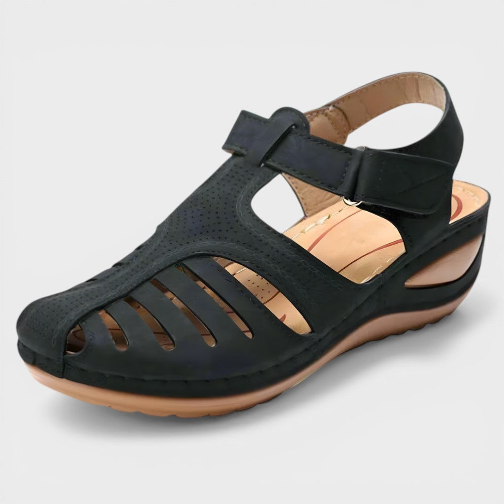 Orthopaedic corrective sandals in navy and burgundy with a supportive, adaptive design