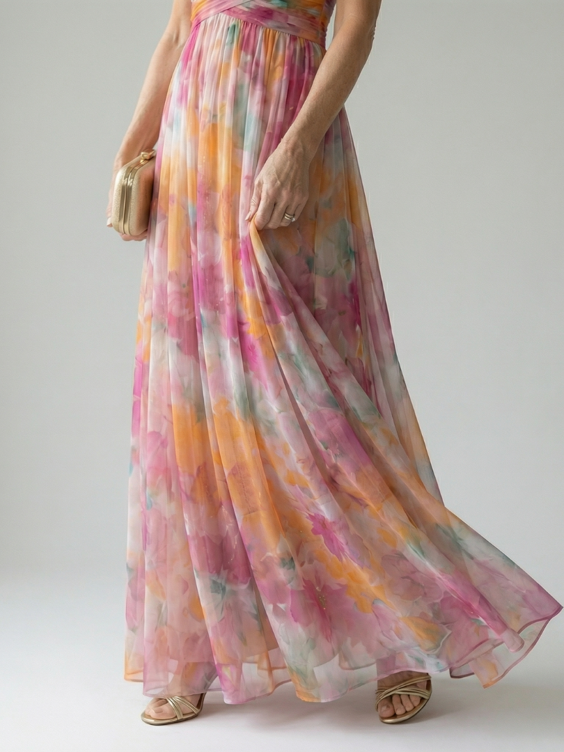 Multicolour sleeveless wrap maxi dress with thin straps, defined waist and flowing skirt