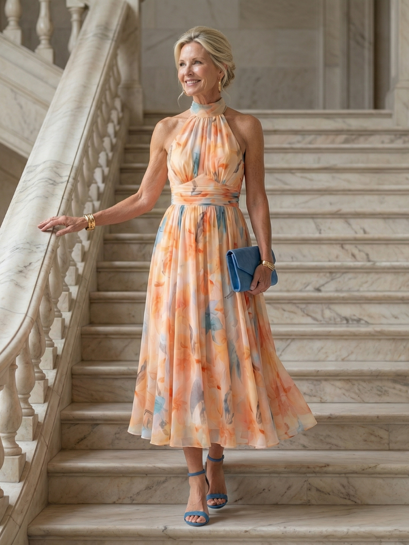 Multicolour halter-neck midi dress with ruched neckline, defined waist and flowing skirt