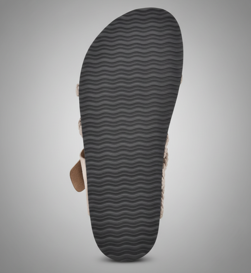 Natural woven flat sandal with an adjustable buckle strap and cushioned footbed