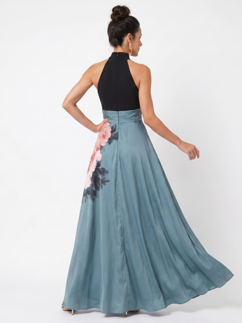 Multicolour floral halter-neck maxi dress with fitted bodice and flowing skirt with front split
