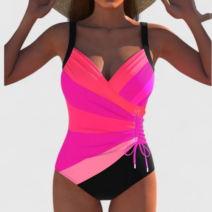Vibrant multicolour one-piece swimsuit with a softly draped front