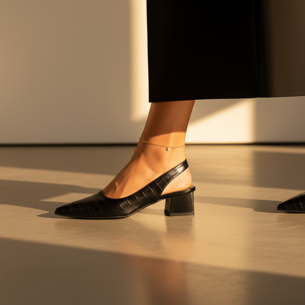 Black orthopaedic comfort heels with a wide toe box and low supportive heel