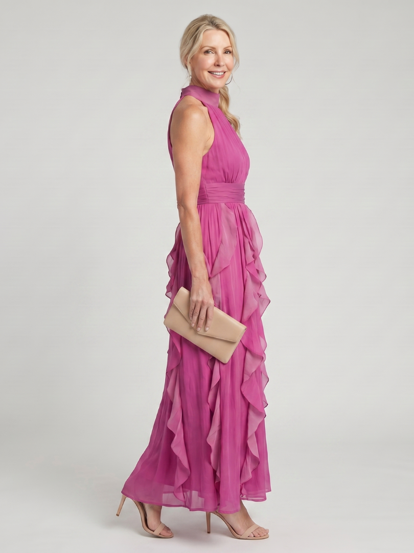 Pink halter maxi dress with a ruched bodice and cascading layered ruffle skirt