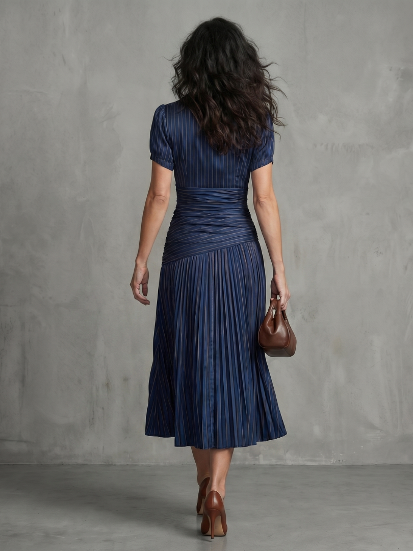 Blue and white striped midi dress with collared neckline and gently pleated waist and skirt