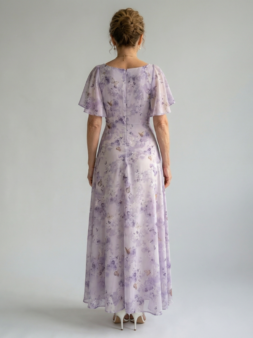Floral midi dress with a square neckline and short flutter sleeves in a delicate print