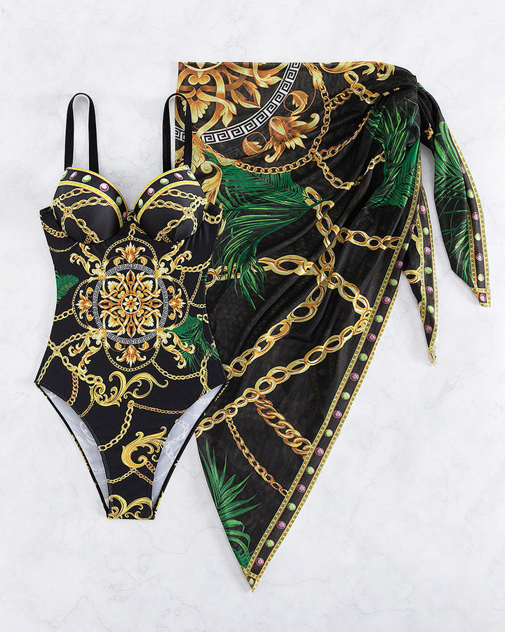 Black animal print one-piece swimsuit with integrated skirt detail and padded bust
