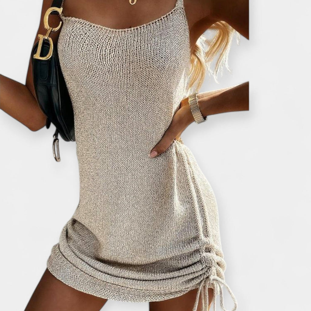 Relaxed sleeveless midi dress with tie waist detail in warm khaki