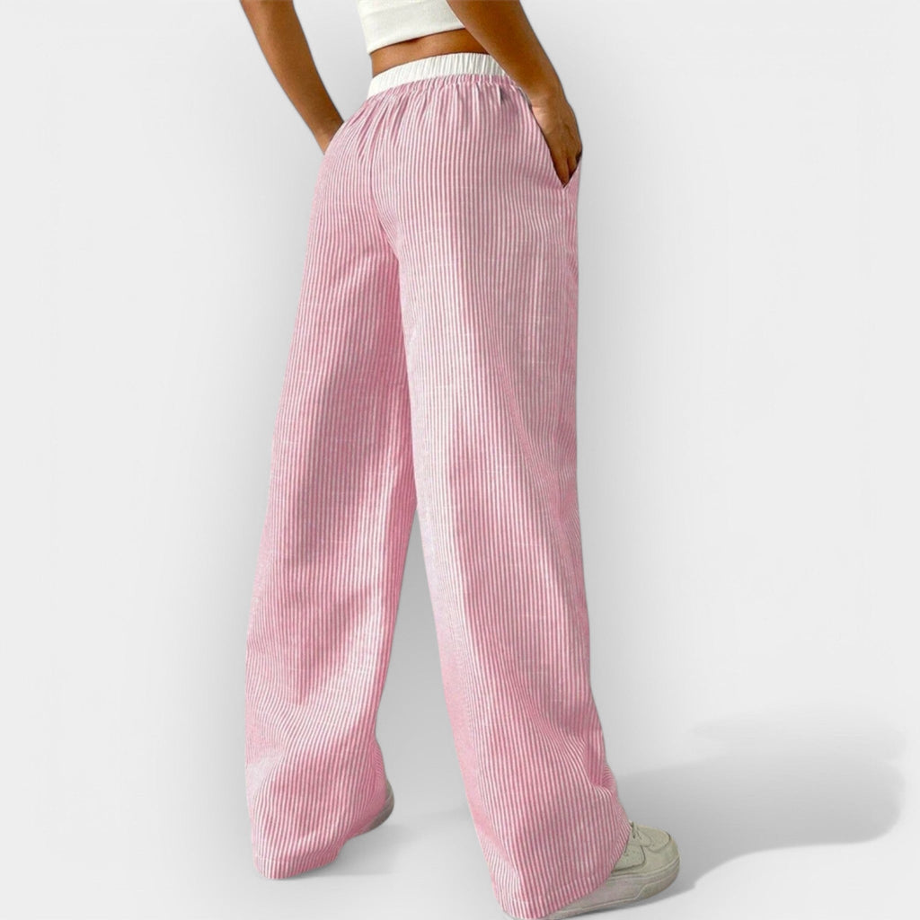 Women's wide-leg trousers in blue with fine vertical stripes and an ultra-wide waistband