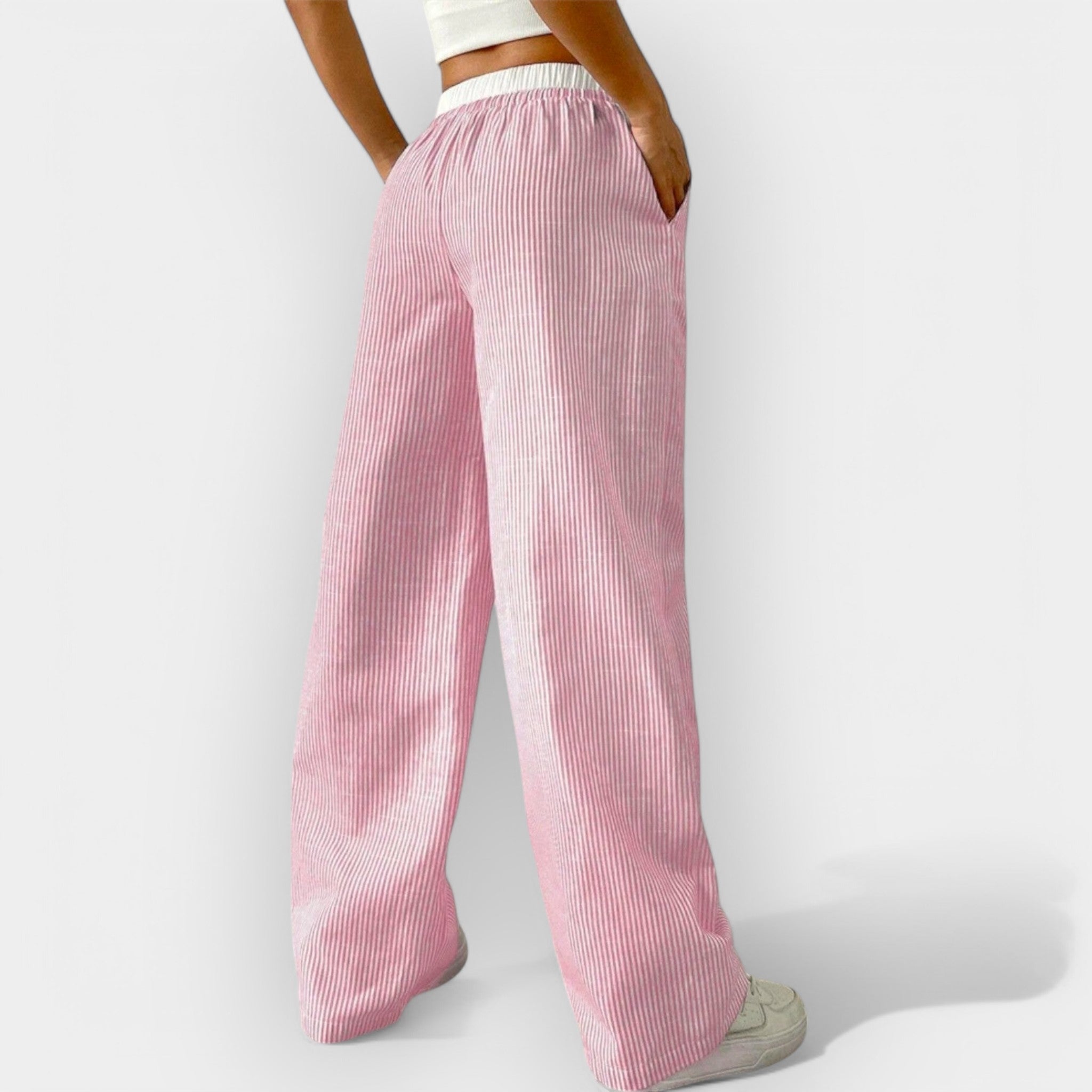 Women's wide-leg trousers in blue with fine vertical stripes and an ultra-wide waistband