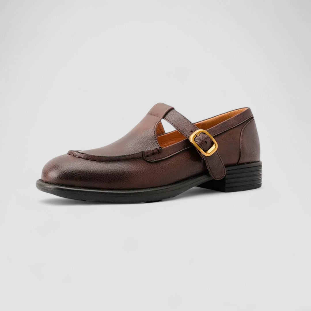 A woman in brown square-toe Mary Jane shoes, comfortable and modern at the office.