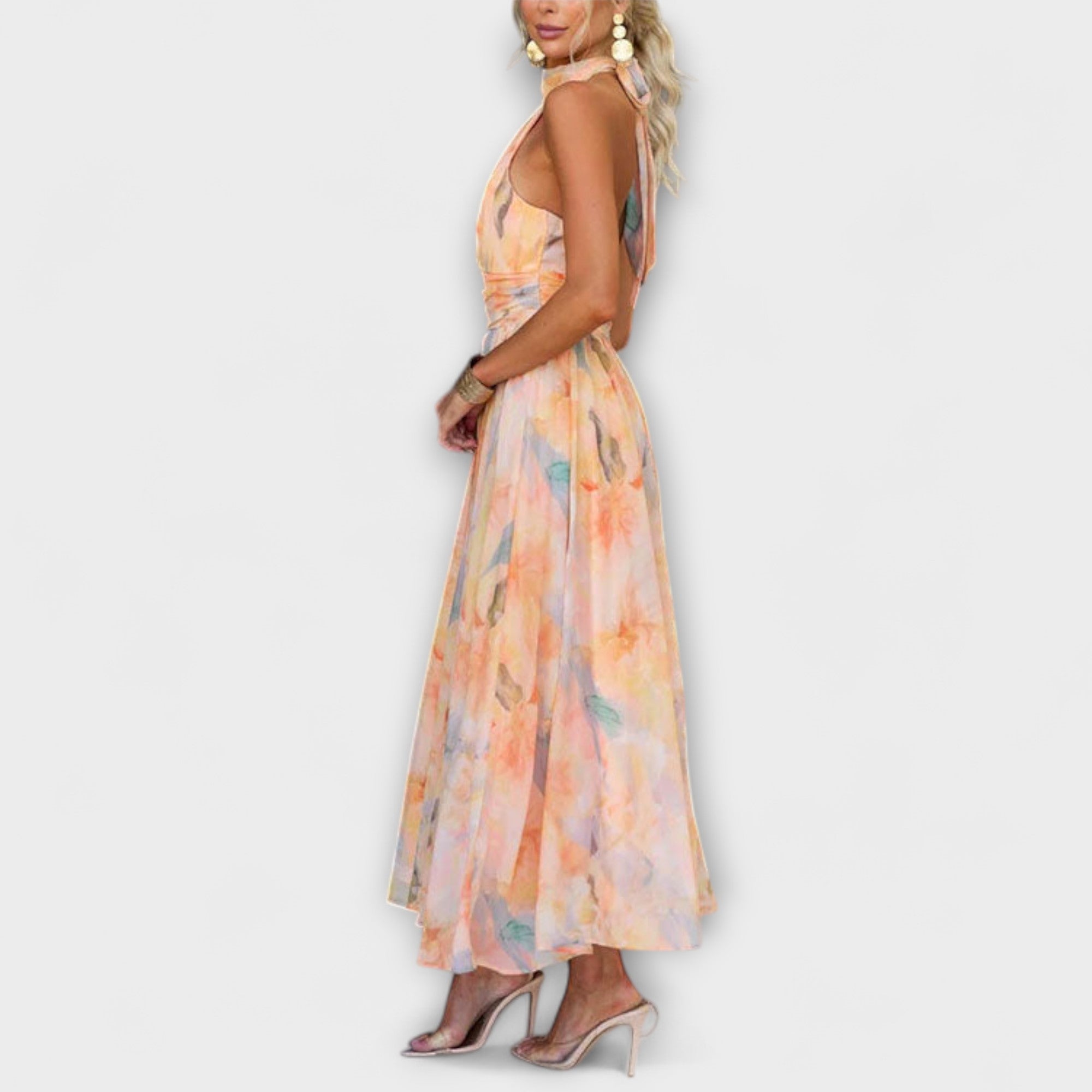 Flowing watercolour print maxi dress with open back in soft multi-tone colours