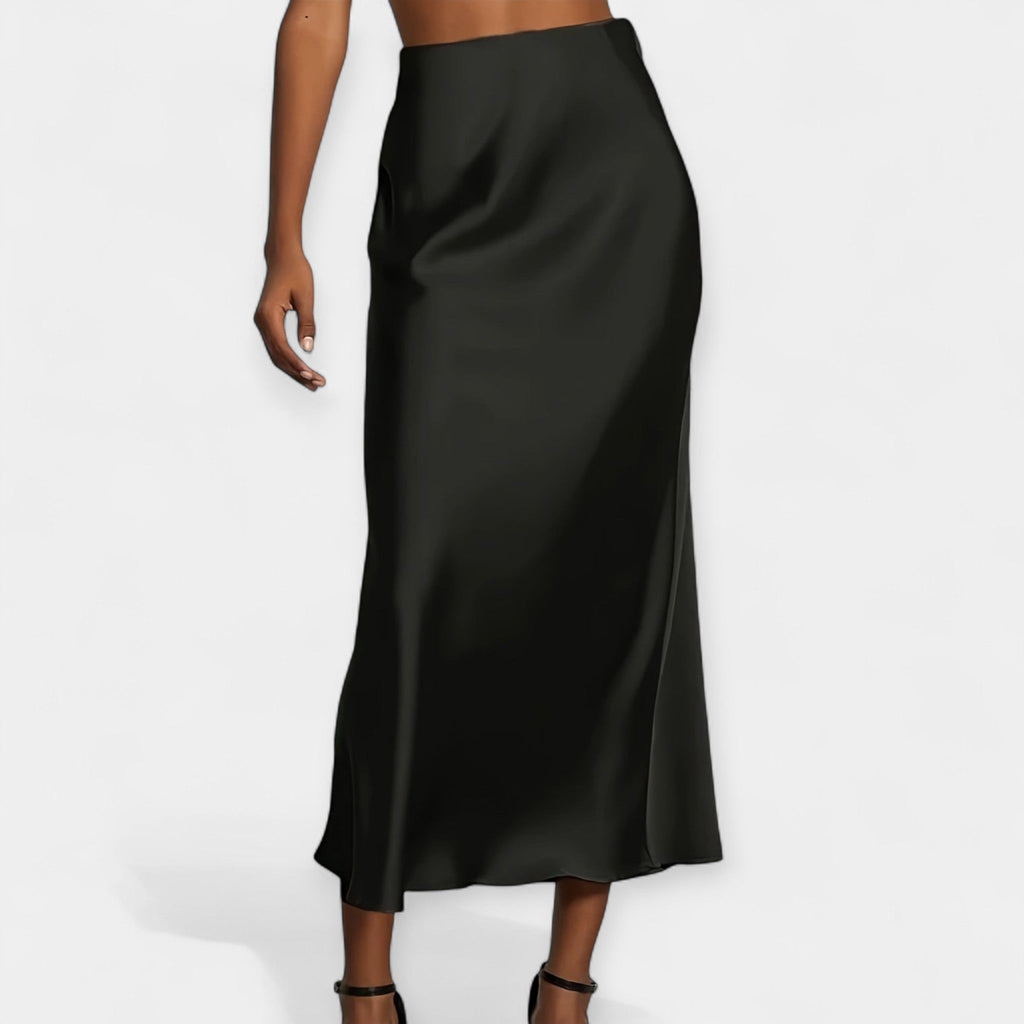 High-waist smooth midi skirt in black with a flowing wide-cut silhouette and lustrous finish