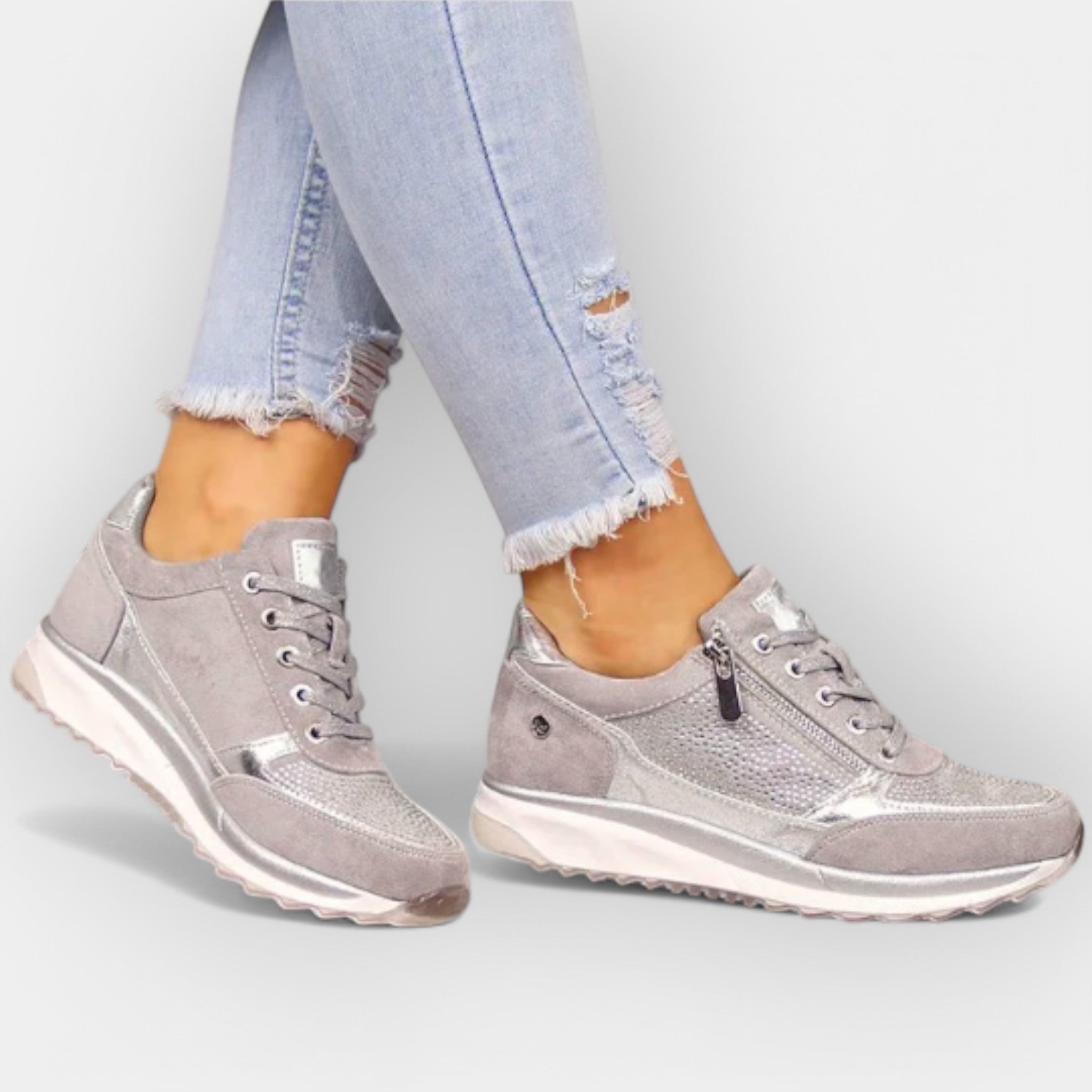 Women's zip-up anatomic trainers in beige with a cushioned ergonomic sole