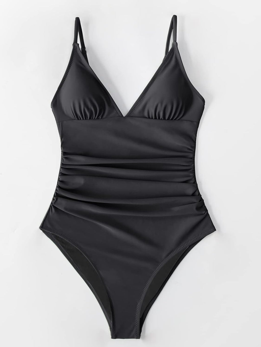 Green ruched one-piece swimsuit with V-neckline