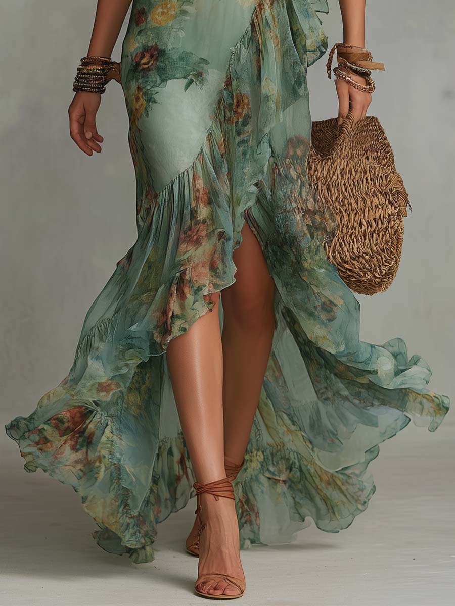 AURORA™ | Long Floral Boho Dress with Romantic Asymmetric Hem