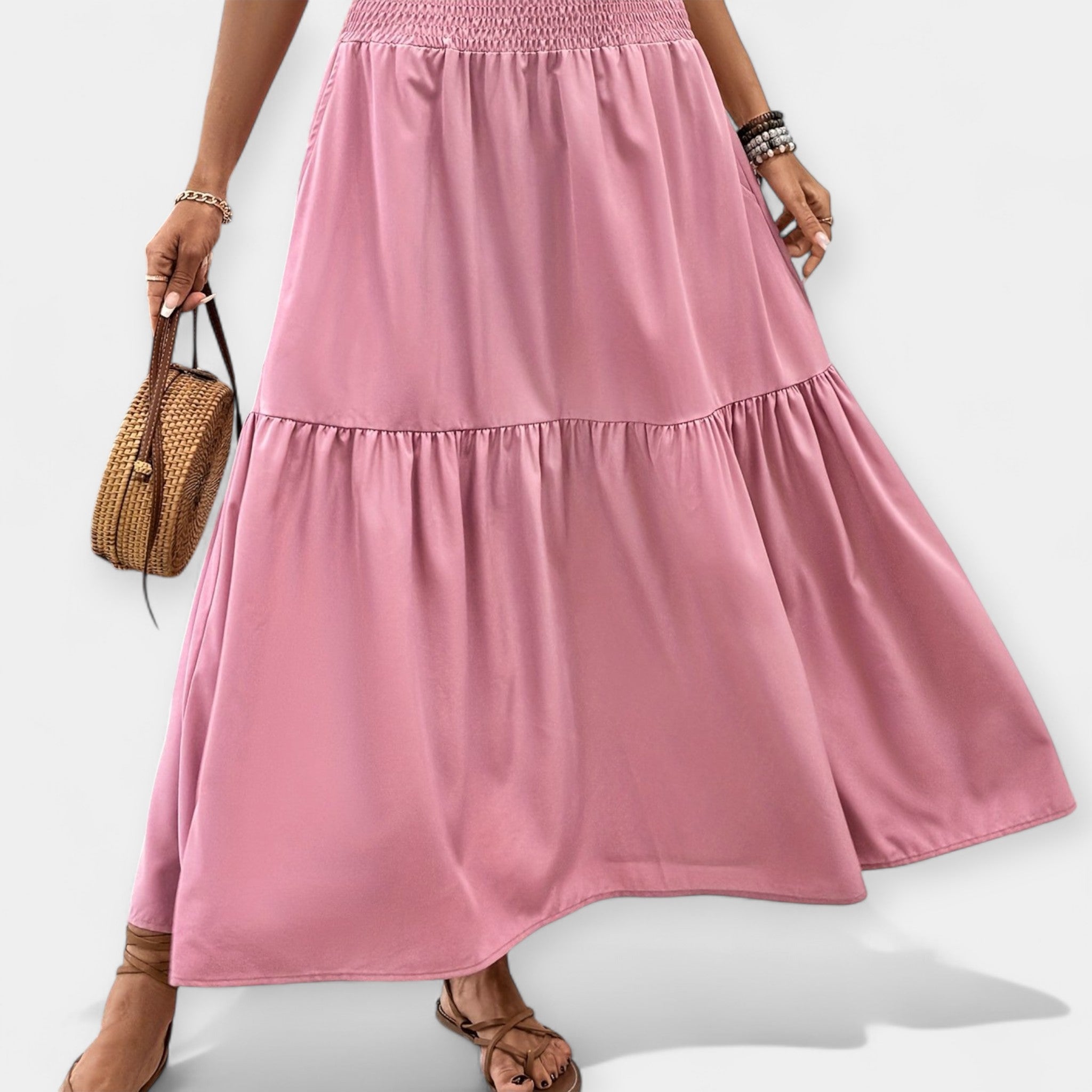 Floral midi skirt in violet print with elasticated waist and discreet side pockets