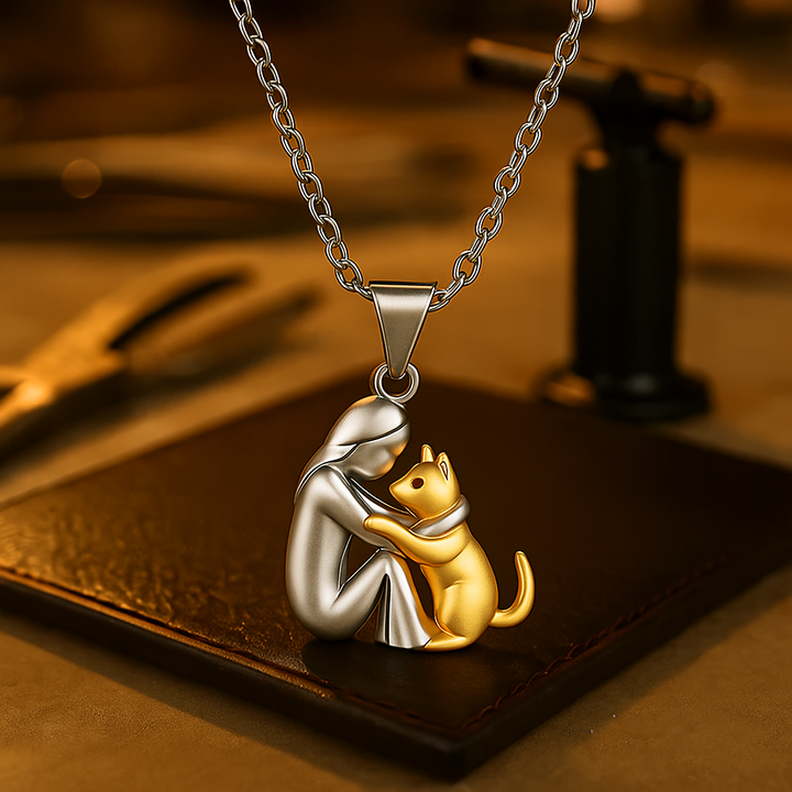 Gold pendant necklace showing a person and dog in a tender embrace