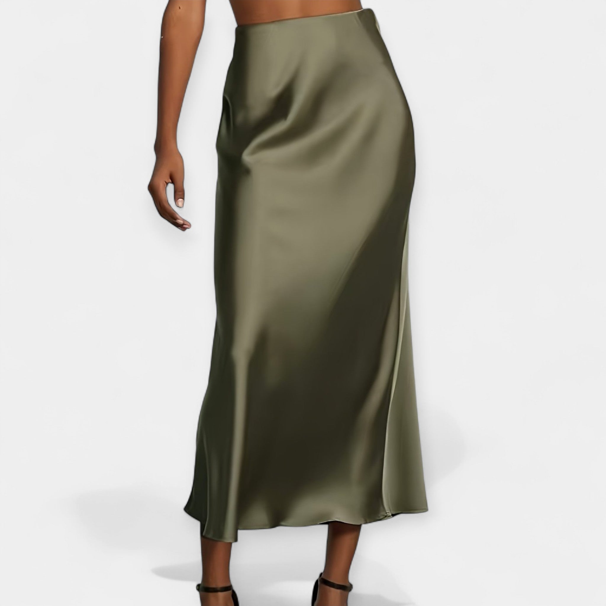 High-waist smooth midi skirt in black with a flowing wide-cut silhouette and lustrous finish