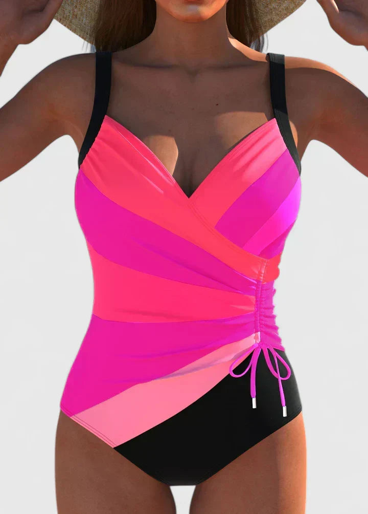 Women's striped ruched-front swimsuit in black, navy, rose, light blue and marine stripe colourways