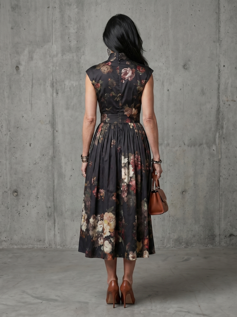 Black floral sleeveless midi dress with high neck and gently pleated skirt