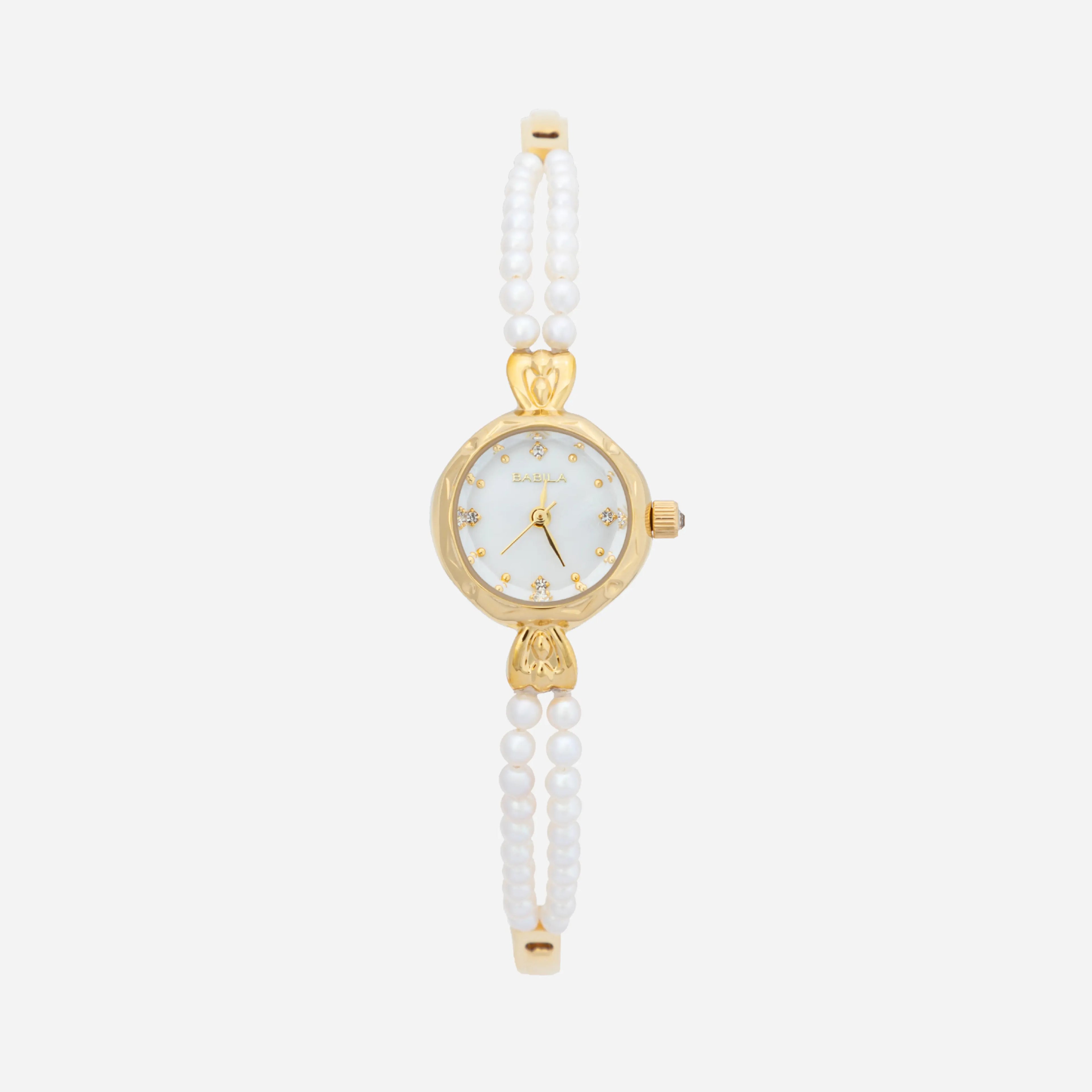 Women's gold watch with elegant twisted chain bracelet strap and a refined dial