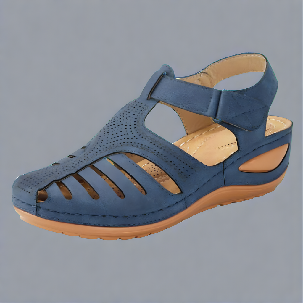 Closed cut-out sandals with adjustable strap in blue, burgundy, brown and black