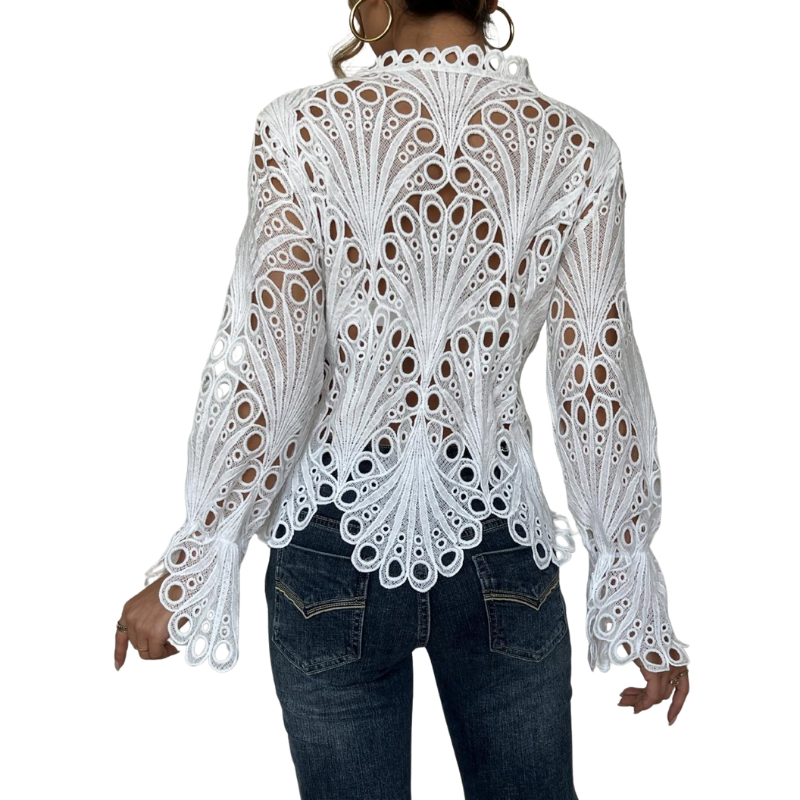 Women's openwork trim blouse in white with wide flowing sleeves and a romantic floral openwork front panel
