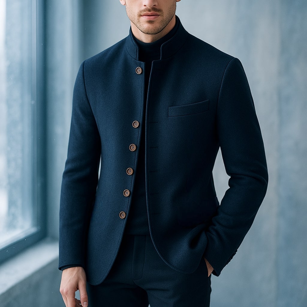 Men's high-collar blazer in grey with a structured tailored silhouette and clean lines