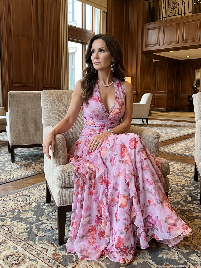 Pink floral halter maxi dress with a ruched bodice and layered ruffle skirt