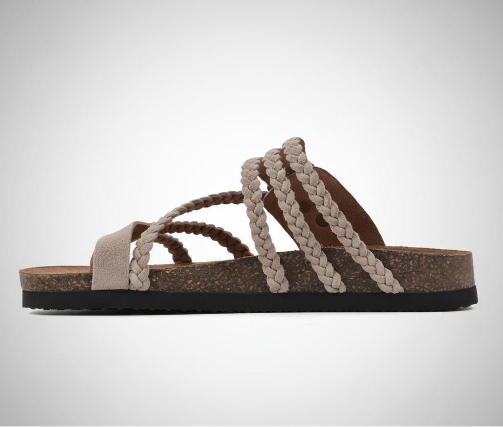Natural woven flat sandal with an adjustable buckle strap and cushioned footbed