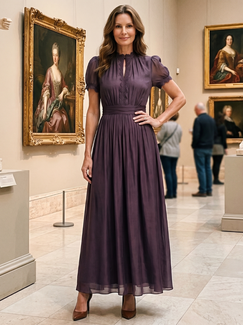 Purple maxi dress with keyhole front neckline, ruched body and flowing skirt