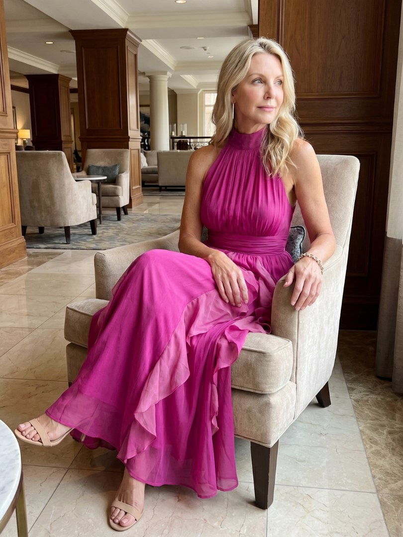 Pink halter maxi dress with a ruched bodice and cascading layered ruffle skirt