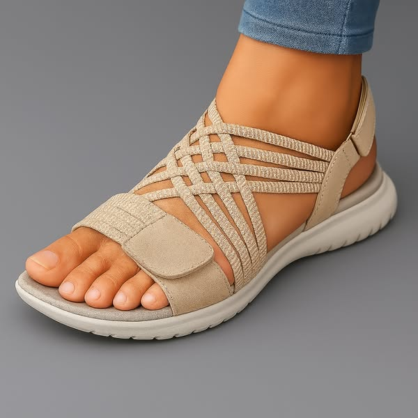 Women's adjustable comfort sandals in beige with Velcro strap and cushioned footbed