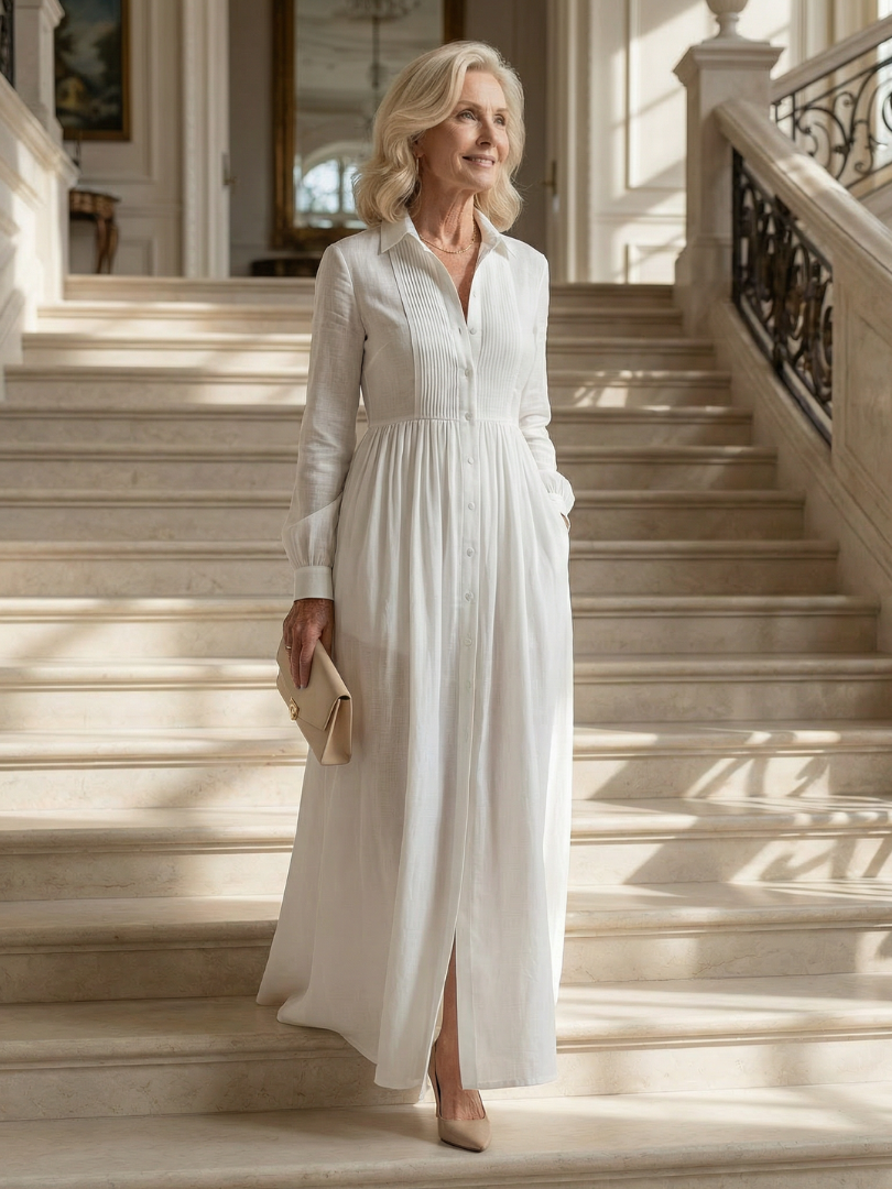 White long-sleeve button-front maxi dress with a gathered waist and full flowing skirt