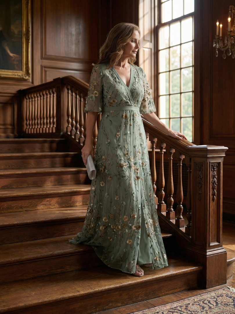 Sage green halter-neck midi dress with all-over floral print and loose flowing silhouette