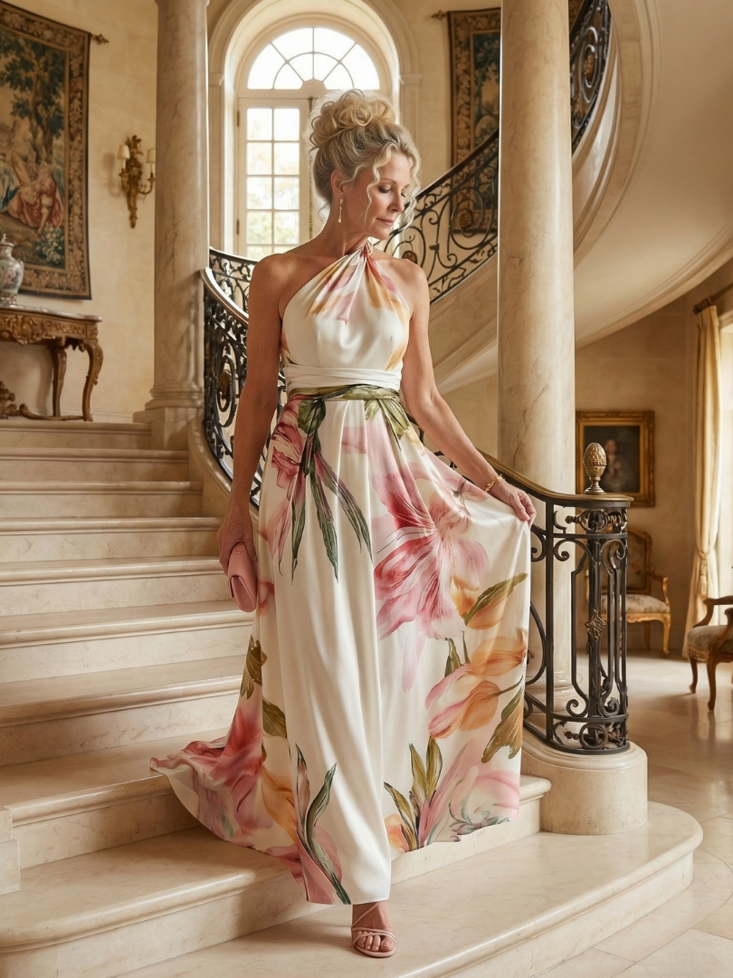 White floral halter-neck maxi dress with large bold print and flowing relaxed skirt
