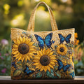 Quilted tote bag printed with bright sunflowers and vivid blue butterflies on a structured padded body