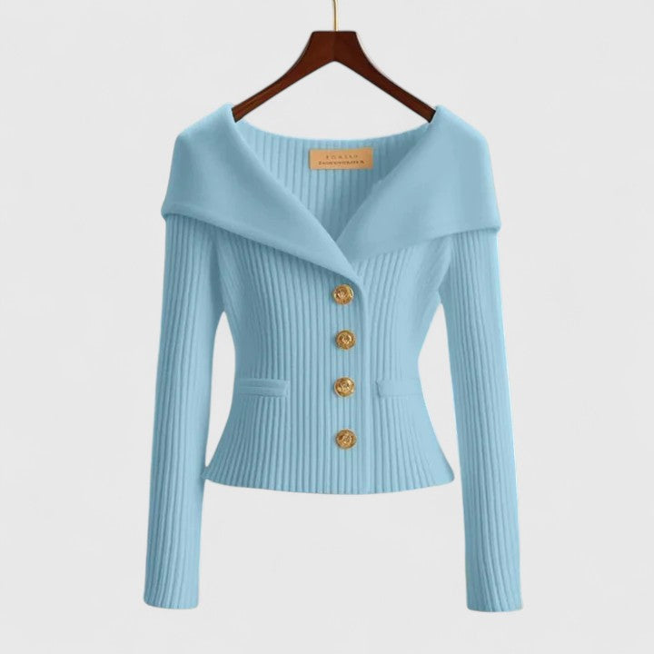 Soft elegant cardigan in yellow, red, white and black with a classic neat silhouette