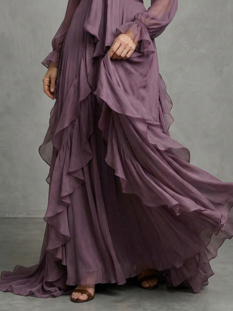Purple long-sleeve maxi dress with a bow neckline and full layered ruffle skirt