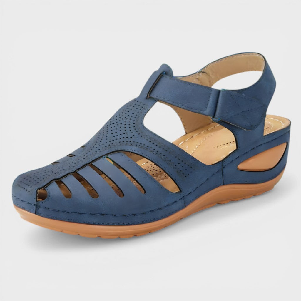 Orthopaedic corrective sandals in navy and burgundy with a supportive, adaptive design