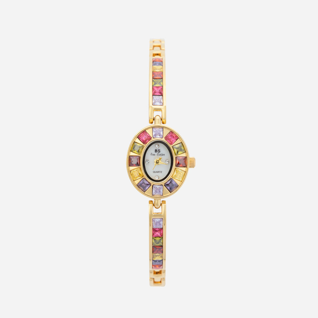 Women's colourful watch with golden detail trim in gold tones
