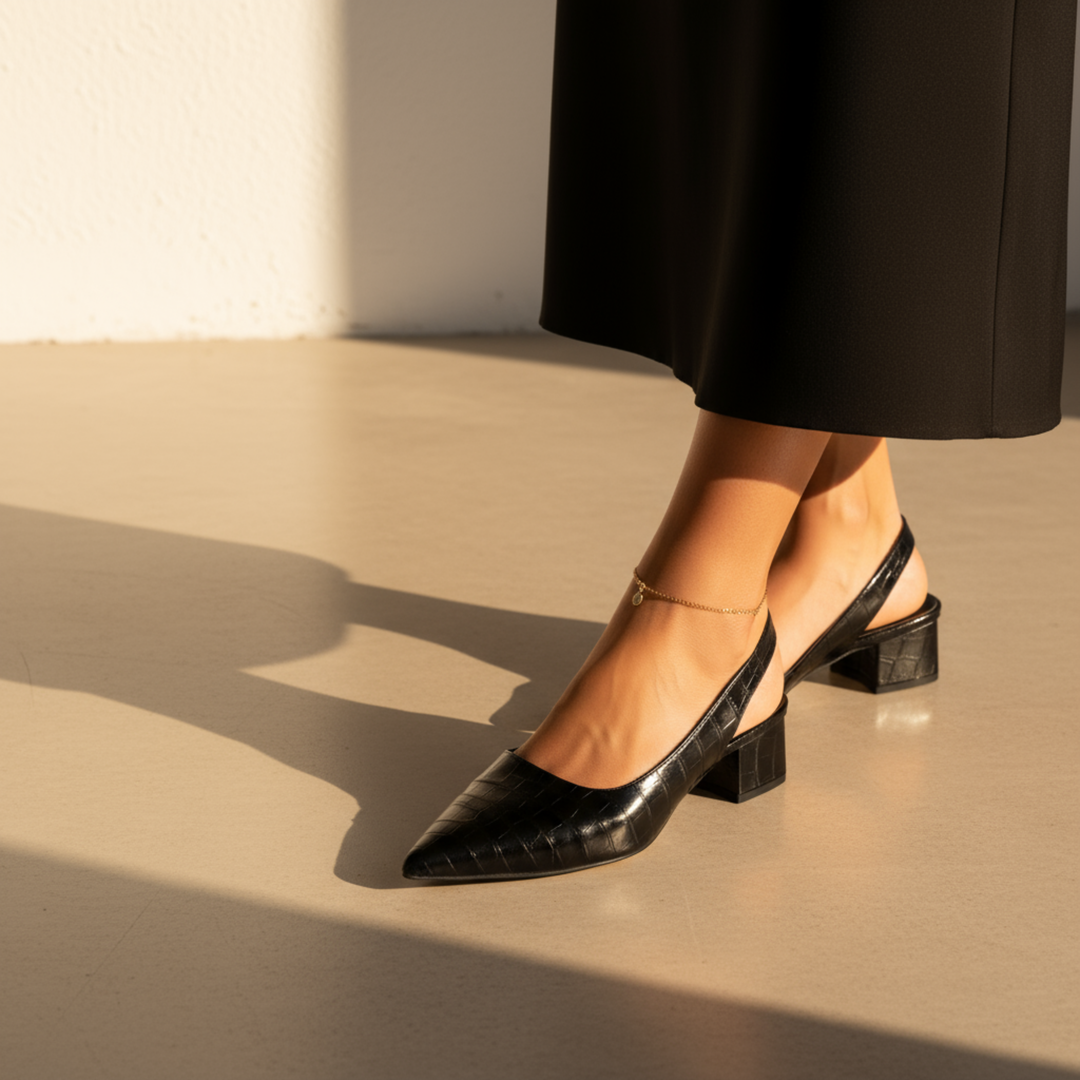 Black orthopaedic comfort heels with a wide toe box and low supportive heel