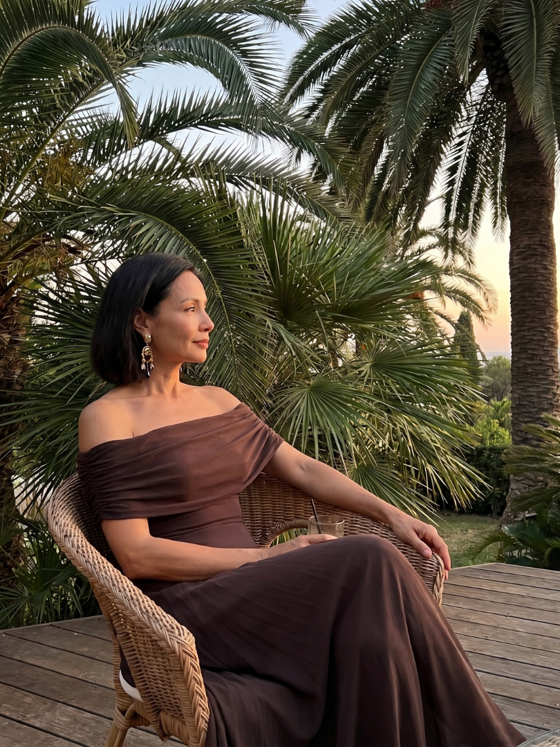 Brown midi dress with off-shoulder draped neckline and sheer outer layer over smooth lining