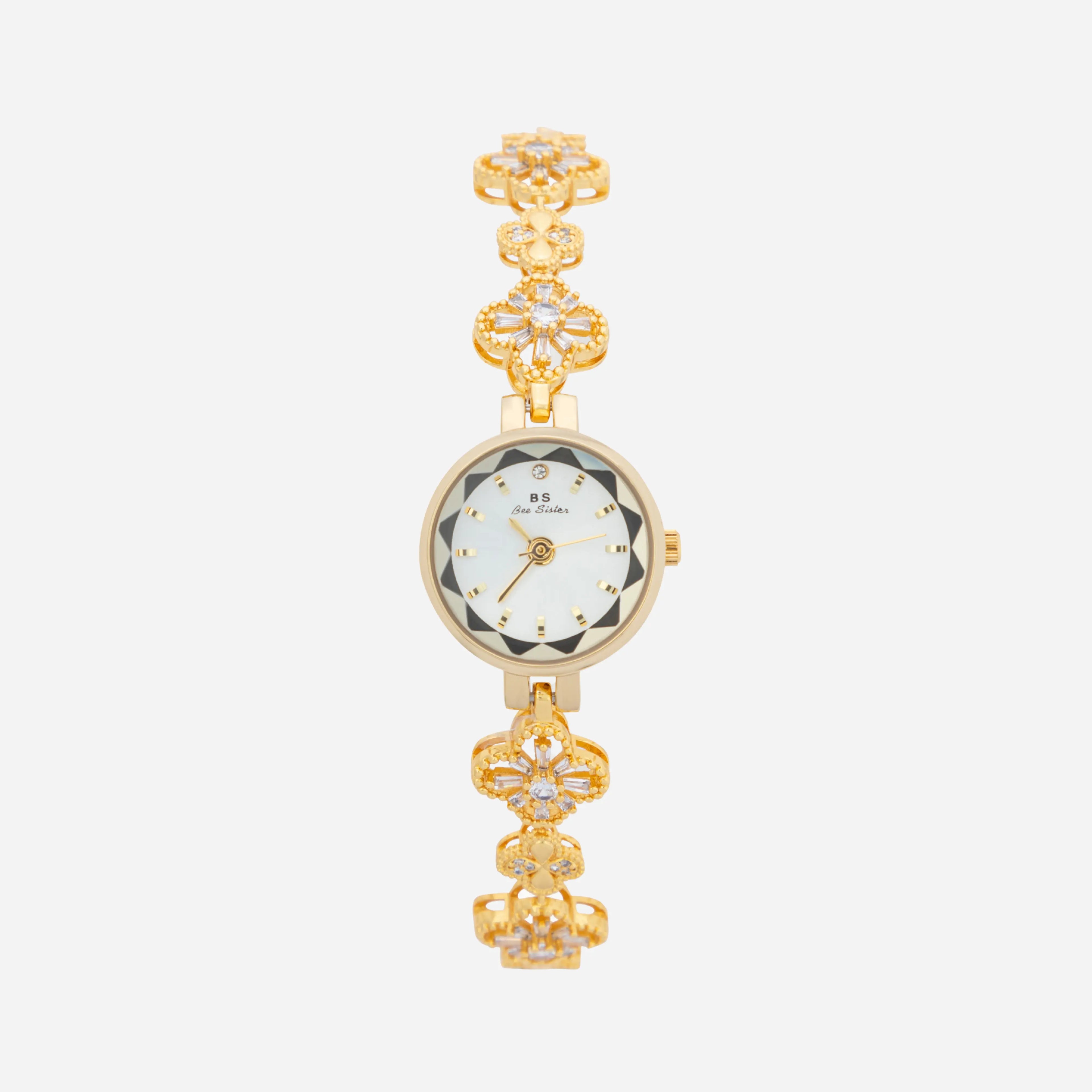Women's gold-finish watch with rounded design and light-catching detailed face