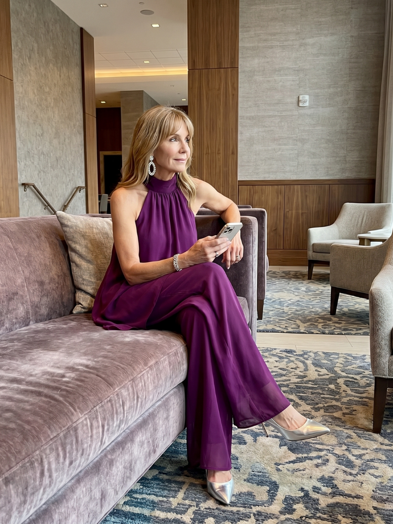 Purple halter neck tunic top with matching wide-leg trousers and a sheer asymmetric overlay
