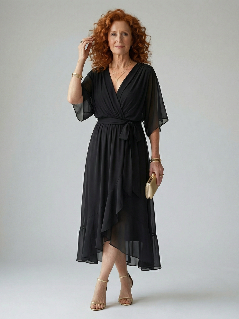 Green floaty midi dress with a draped V-neckline and soft bow waist detail