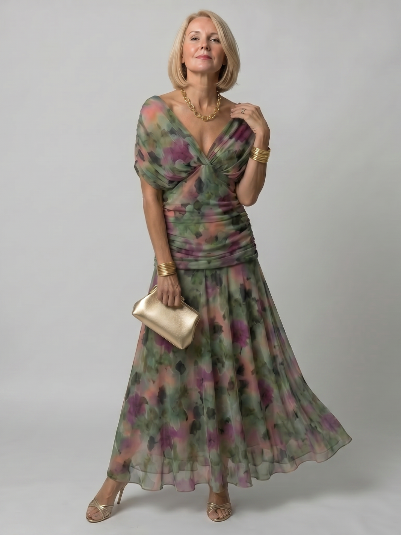 Purple off-shoulder midi dress with draped neckline and gently flared skirt