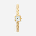 Slim women's bracelet watch with a vibrant colour detail against a simple light dial